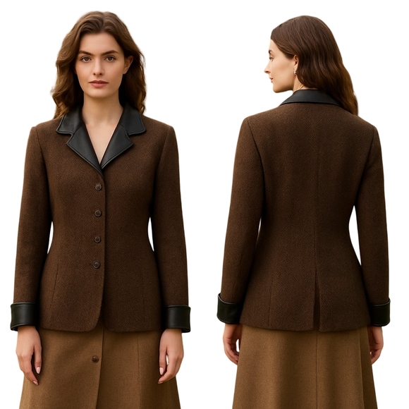 Peruvian Connection Jackets & Blazers - PERUVIAN CONNECTION Coat Womens Size 8 Brown Alpaca Wool Tweed Leather Old Money